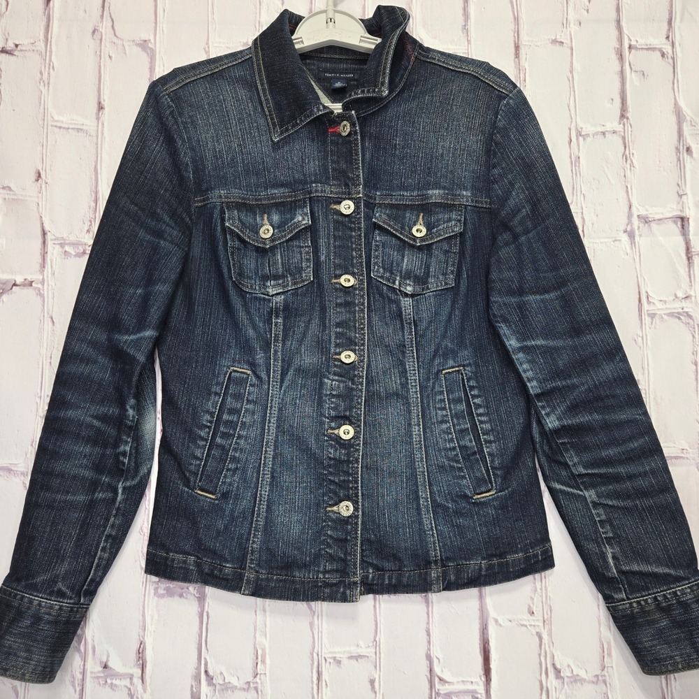 Tommy Hilfiger Denim Jacket Blue Dark Wash Button Front Trucker Women Medium